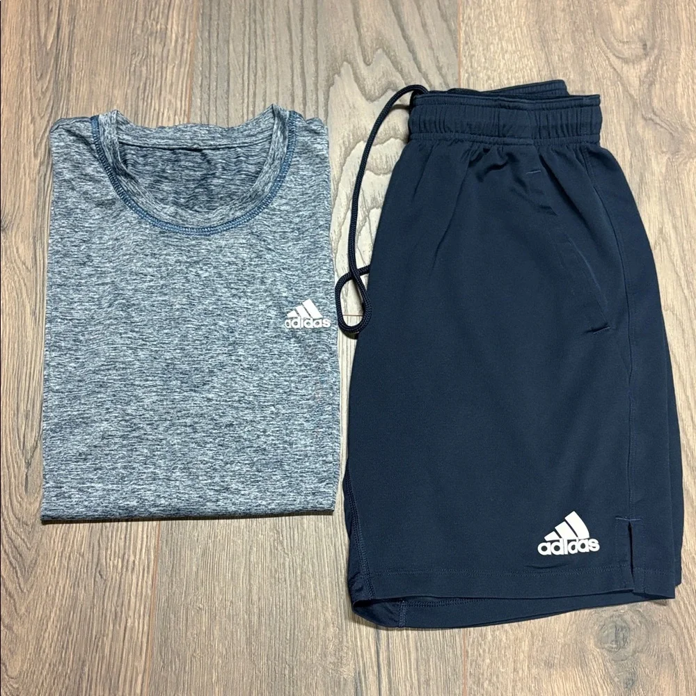 Adidas Bundle Men’s Active Navy Athletic Shorts / blue heathered Dry Fit Tee - M